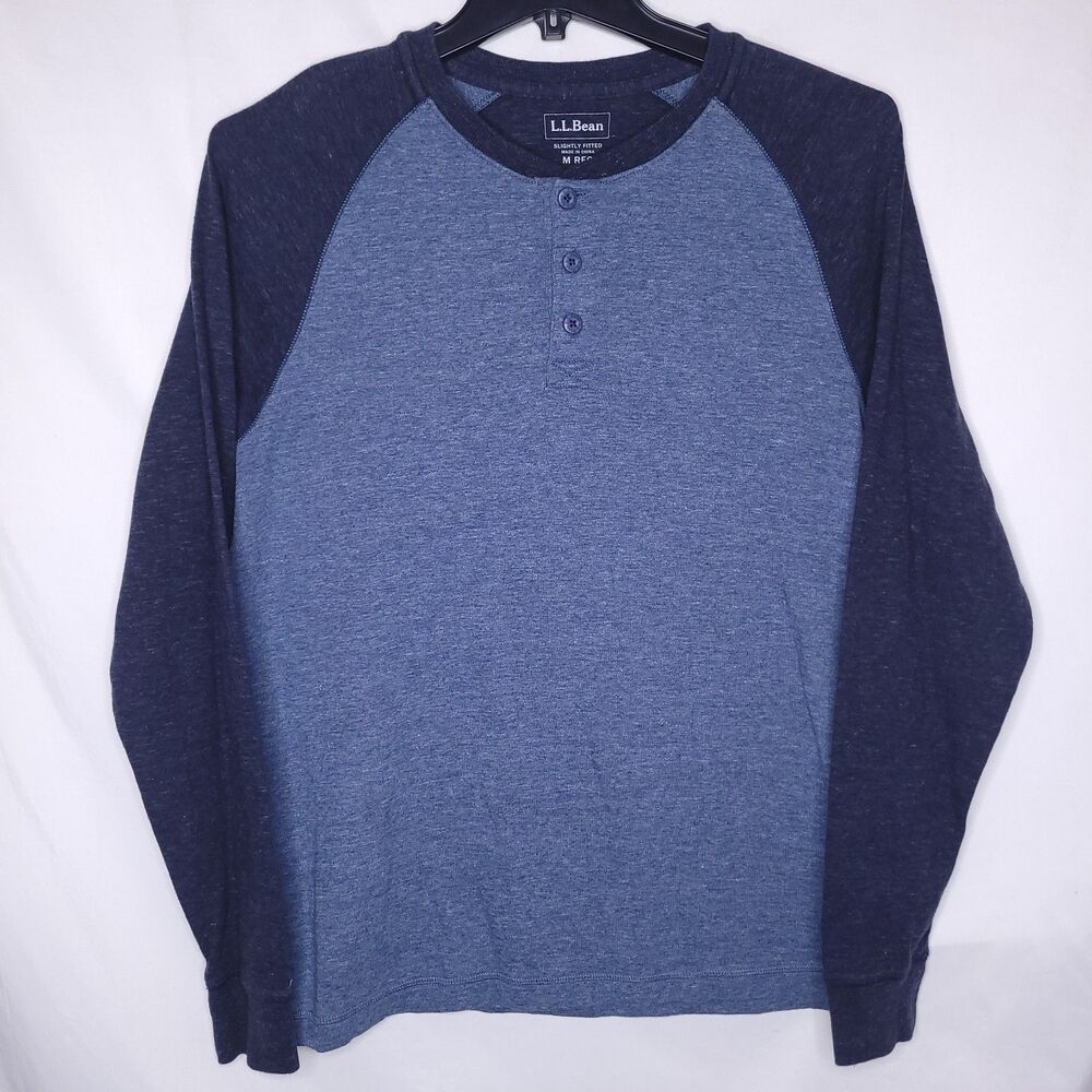LL Bean Henley Shirt Mens Medium Blue Raglan 2 Tone Slightly Fitted 507469